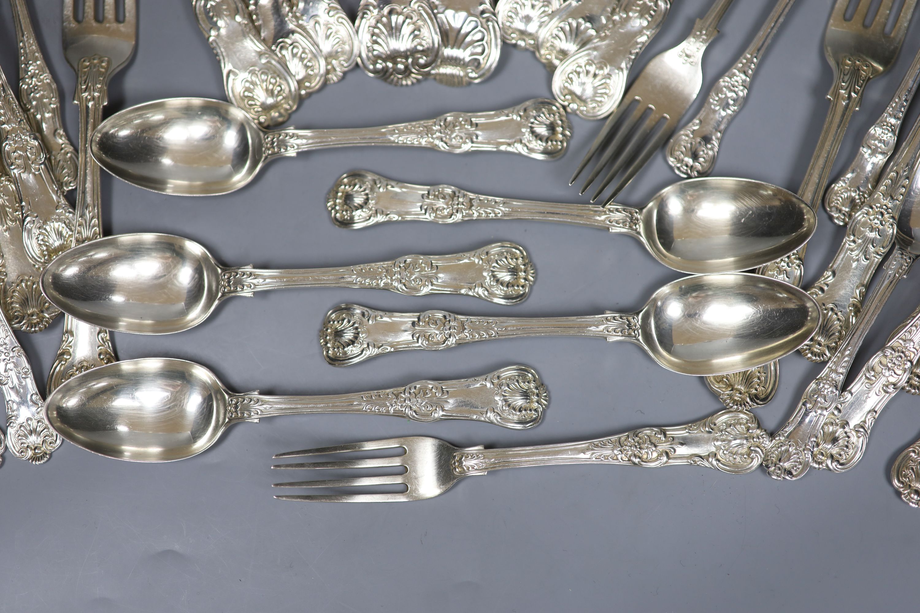 A matched 19th century and later Kings pattern part service of silver flatware, various dates and makers, approx 78oz.